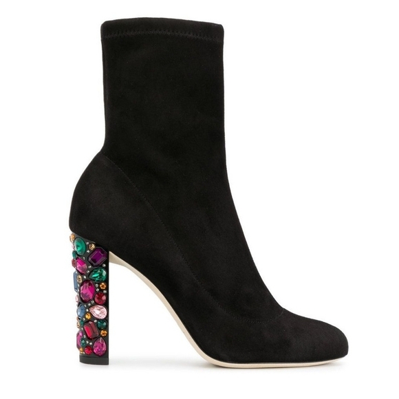 Jimmy Choo Maine 100 black suede sock bootie rainbow crystal embellished 37.5